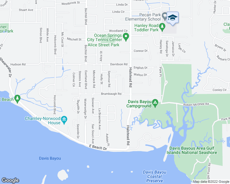 map of restaurants, bars, coffee shops, grocery stores, and more near 604 Brumbaugh Road in Ocean Springs