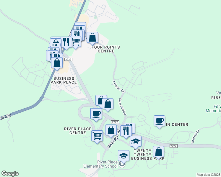map of restaurants, bars, coffee shops, grocery stores, and more near 11015 4 Points Drive in Austin