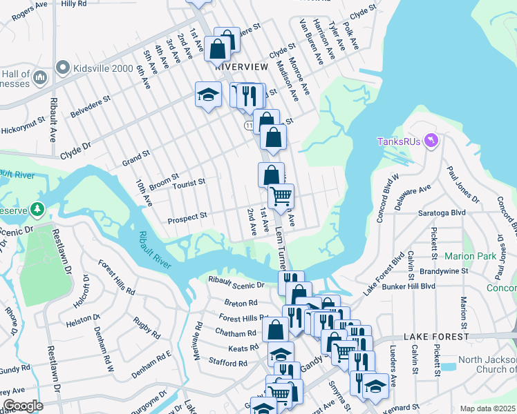 map of restaurants, bars, coffee shops, grocery stores, and more near 8674 1st Avenue in Jacksonville