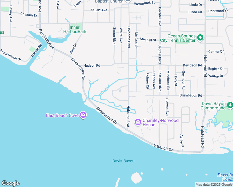map of restaurants, bars, coffee shops, grocery stores, and more near 15 Gulfview Drive in Ocean Springs