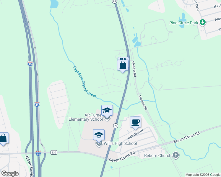 map of restaurants, bars, coffee shops, grocery stores, and more near 11110 Texas 75 in Willis