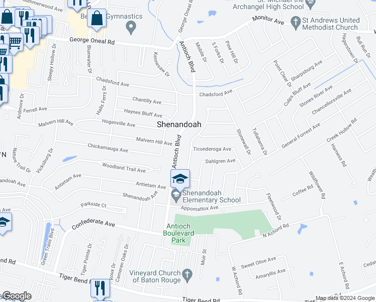 map of restaurants, bars, coffee shops, grocery stores, and more near 5624 Port Hudson Drive in Baton Rouge