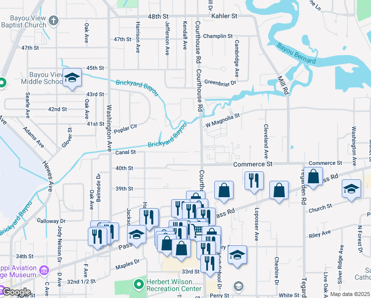 map of restaurants, bars, coffee shops, grocery stores, and more near 107 Canal Street in Gulfport