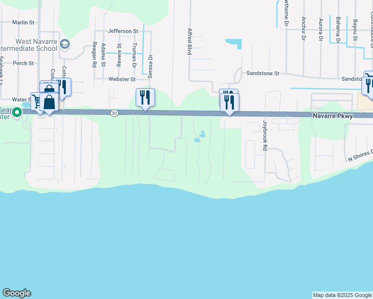 map of restaurants, bars, coffee shops, grocery stores, and more near 1742 Briza Del Mar Drive in Navarre