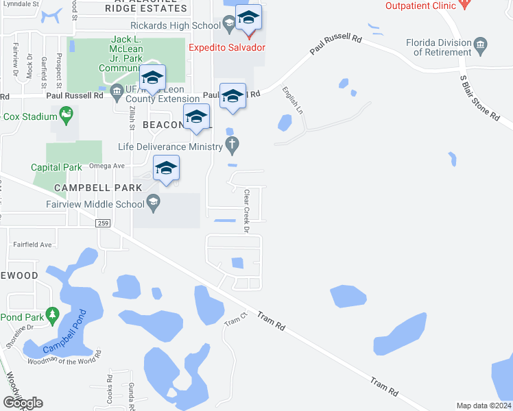 map of restaurants, bars, coffee shops, grocery stores, and more near 3584 Coyote Creek Drive in Tallahassee