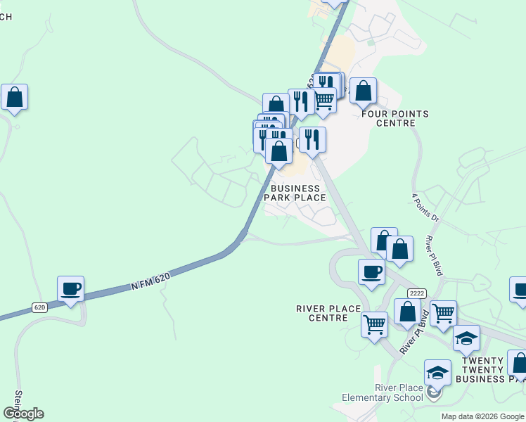 map of restaurants, bars, coffee shops, grocery stores, and more near 6701 North FM 620 in Austin