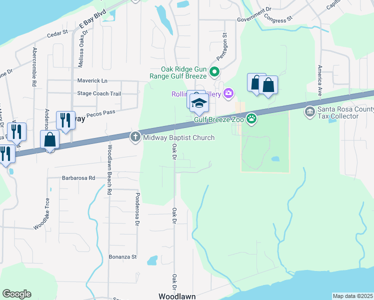map of restaurants, bars, coffee shops, grocery stores, and more near 1778 Oak Drive in Gulf Breeze