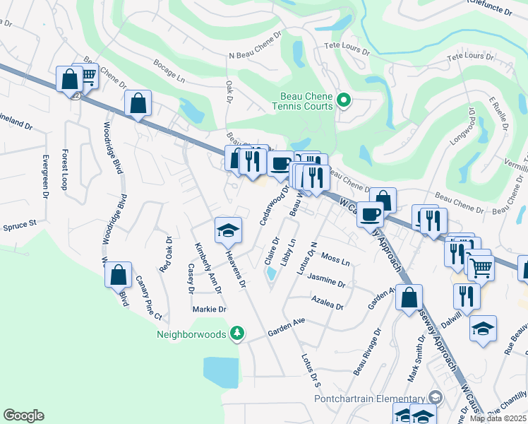 map of restaurants, bars, coffee shops, grocery stores, and more near 436 Cedarwood Drive in Mandeville