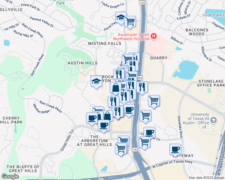 map of restaurants, bars, coffee shops, grocery stores, and more near 10553 Jollyville Road in Austin