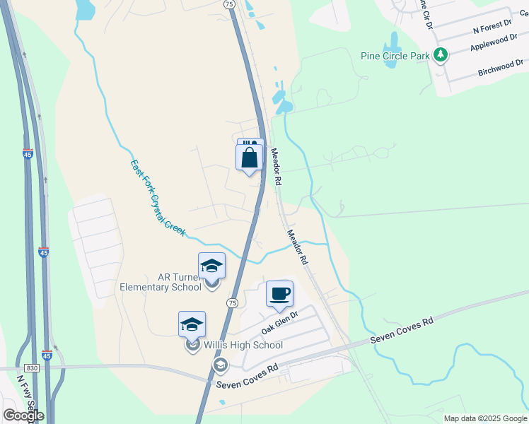 map of restaurants, bars, coffee shops, grocery stores, and more near 11120 Texas 75 in Willis