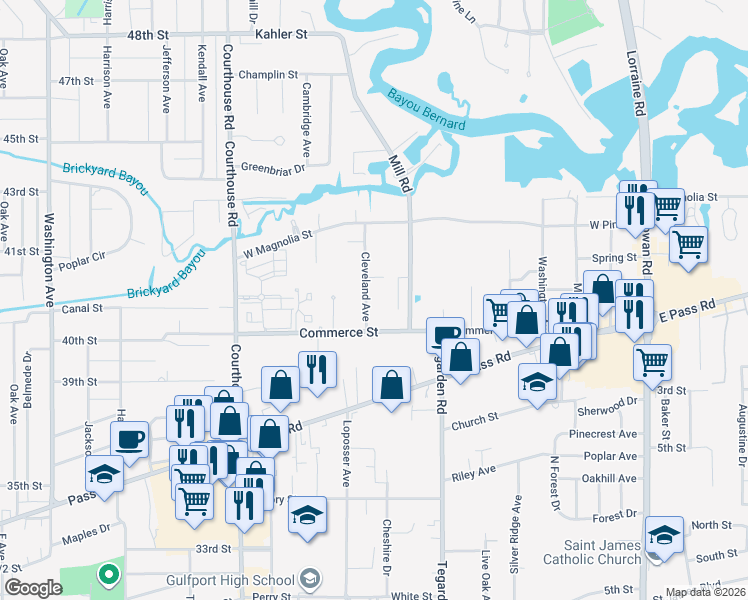 map of restaurants, bars, coffee shops, grocery stores, and more near 900 Cleveland Avenue in Gulfport