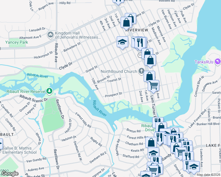 map of restaurants, bars, coffee shops, grocery stores, and more near 8717 8th Avenue in Jacksonville