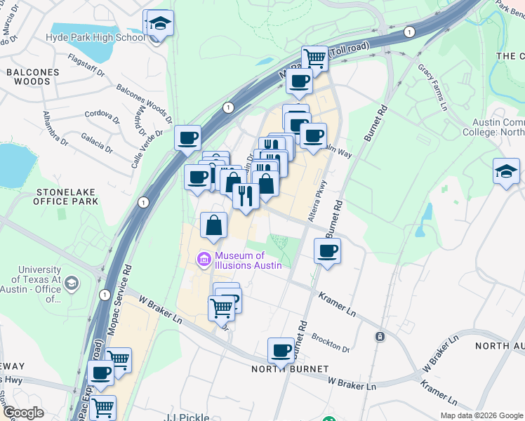map of restaurants, bars, coffee shops, grocery stores, and more near 3201 Esperanza Crossing in Austin