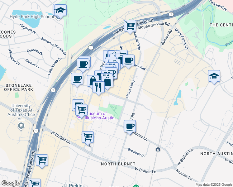 map of restaurants, bars, coffee shops, grocery stores, and more near 3100 Esperanza Crossing in Austin