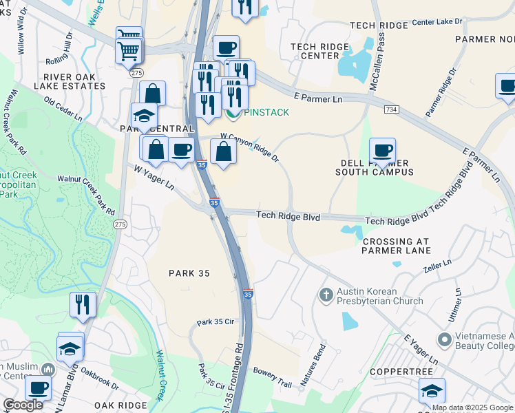 map of restaurants, bars, coffee shops, grocery stores, and more near 12212 Tech Ridge Boulevard in Austin