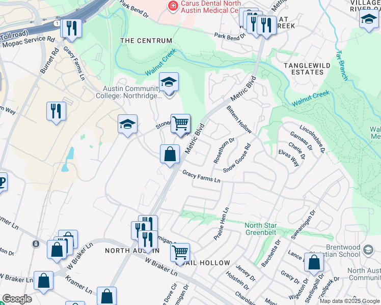 map of restaurants, bars, coffee shops, grocery stores, and more near 11901 Sunhillow Bend in Austin