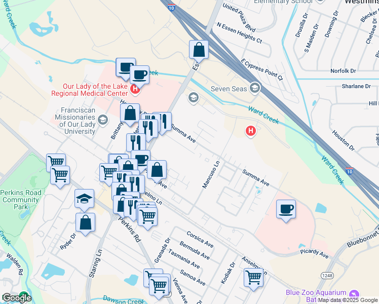 map of restaurants, bars, coffee shops, grocery stores, and more near 9330 Picardy Avenue in Baton Rouge