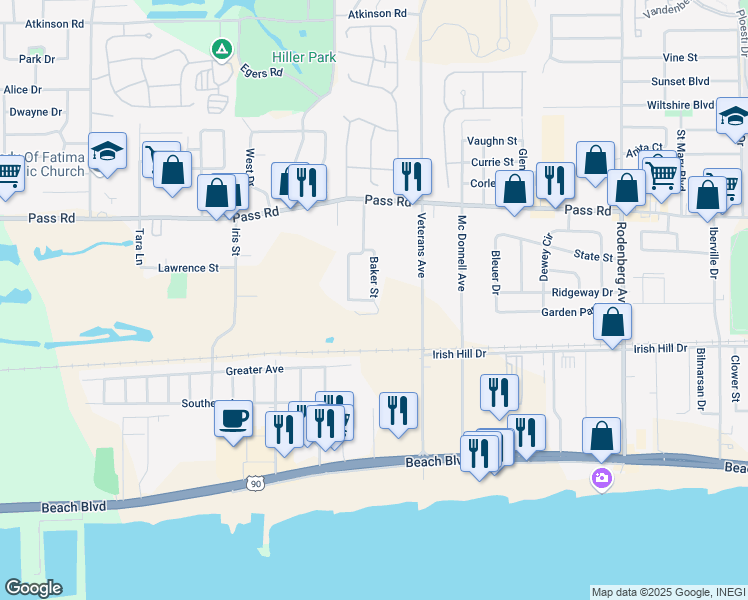 map of restaurants, bars, coffee shops, grocery stores, and more near 170 Baker Street in Biloxi