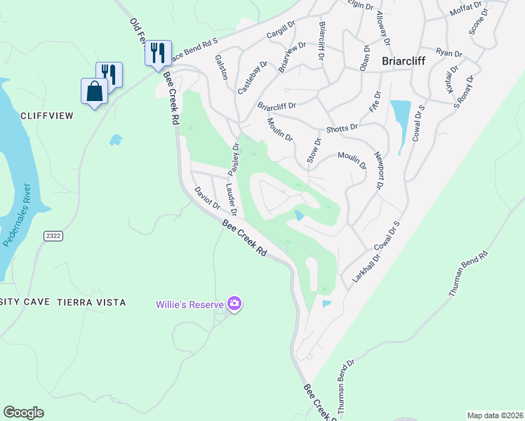 map of restaurants, bars, coffee shops, grocery stores, and more near 22230 Stow Circle in Spicewood