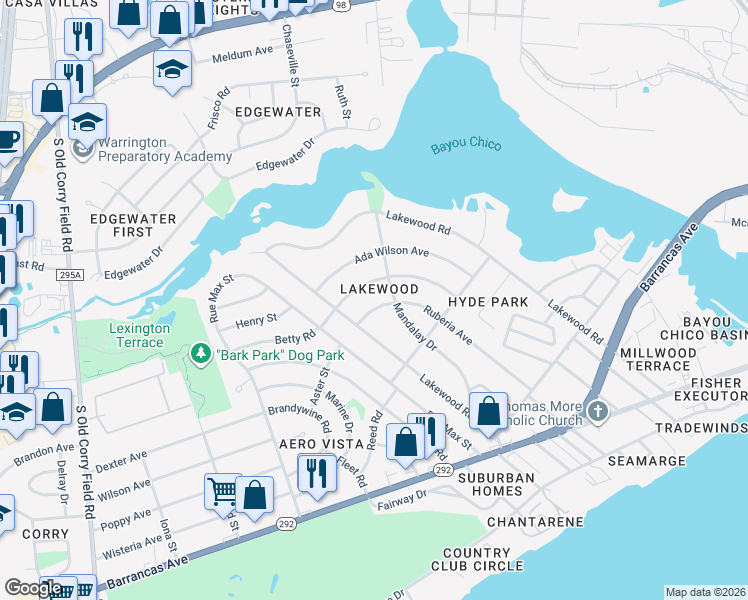 map of restaurants, bars, coffee shops, grocery stores, and more near 309 Ruberia Avenue in Pensacola