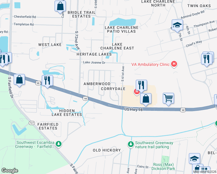map of restaurants, bars, coffee shops, grocery stores, and more near 415 Corrydale Drive in Pensacola