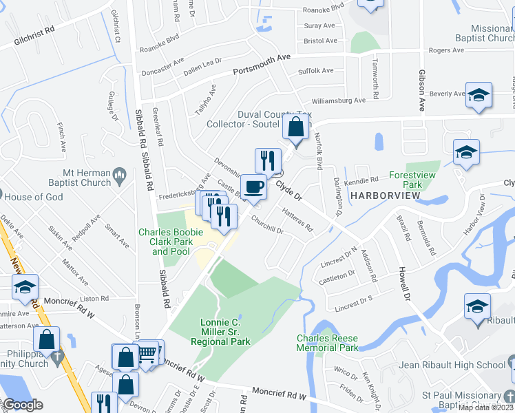 map of restaurants, bars, coffee shops, grocery stores, and more near 4974 Soutel Drive in Jacksonville