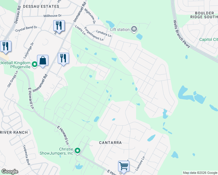 map of restaurants, bars, coffee shops, grocery stores, and more near 2901 Crystal Bend Drive in Pflugerville