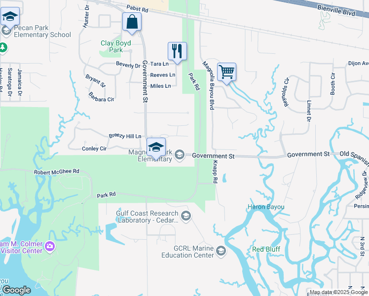 map of restaurants, bars, coffee shops, grocery stores, and more near 3600-3614 Government St in Ocean Springs