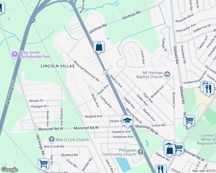 map of restaurants, bars, coffee shops, grocery stores, and more near 8100 Moncrief Dinsmore Road in Jacksonville