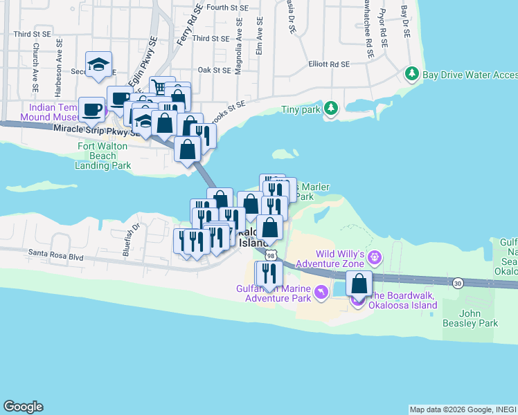 map of restaurants, bars, coffee shops, grocery stores, and more near 1204 Santa Rosa Boulevard in Fort Walton Beach