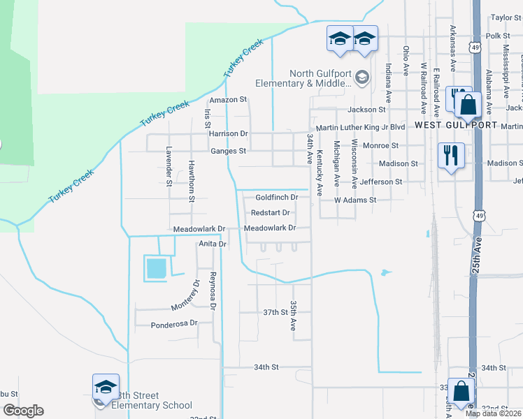 map of restaurants, bars, coffee shops, grocery stores, and more near 4620 Redstart Drive in Gulfport