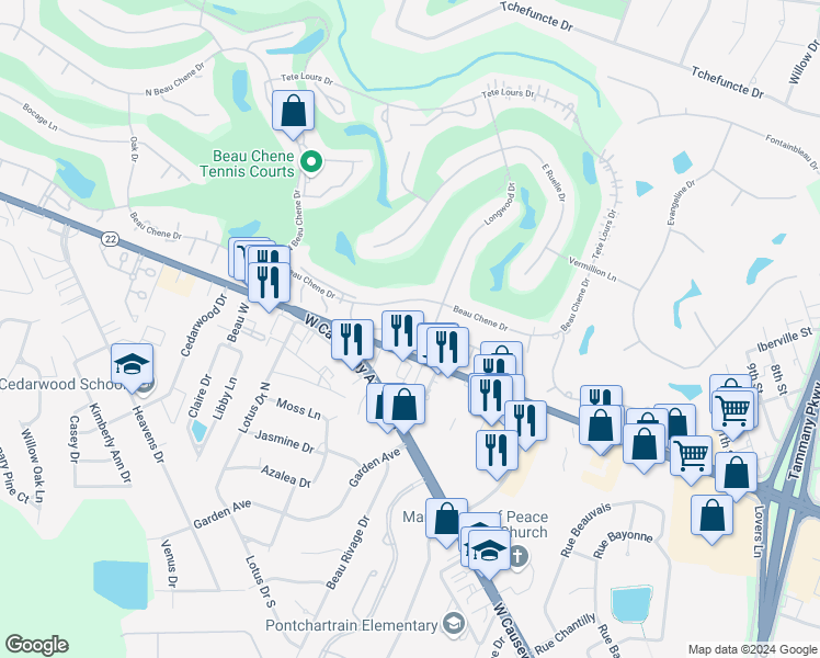 map of restaurants, bars, coffee shops, grocery stores, and more near 124 Hampton Court in Mandeville