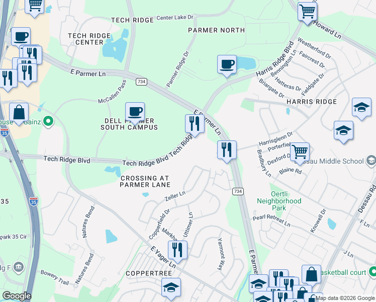 map of restaurants, bars, coffee shops, grocery stores, and more near 3 Tech Ridge Boulevard in Austin