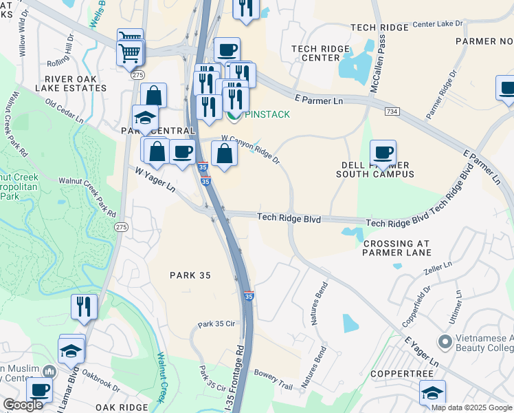 map of restaurants, bars, coffee shops, grocery stores, and more near 12212 Tech Ridge Boulevard in Austin