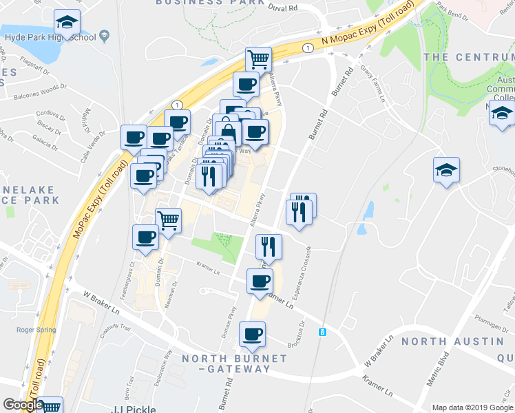 map of restaurants, bars, coffee shops, grocery stores, and more near in Austin