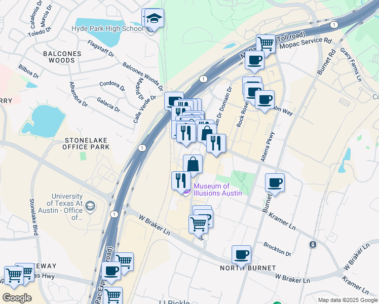 map of restaurants, bars, coffee shops, grocery stores, and more near in Austin