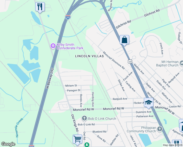 map of restaurants, bars, coffee shops, grocery stores, and more near 6426 Beryl Street in Jacksonville