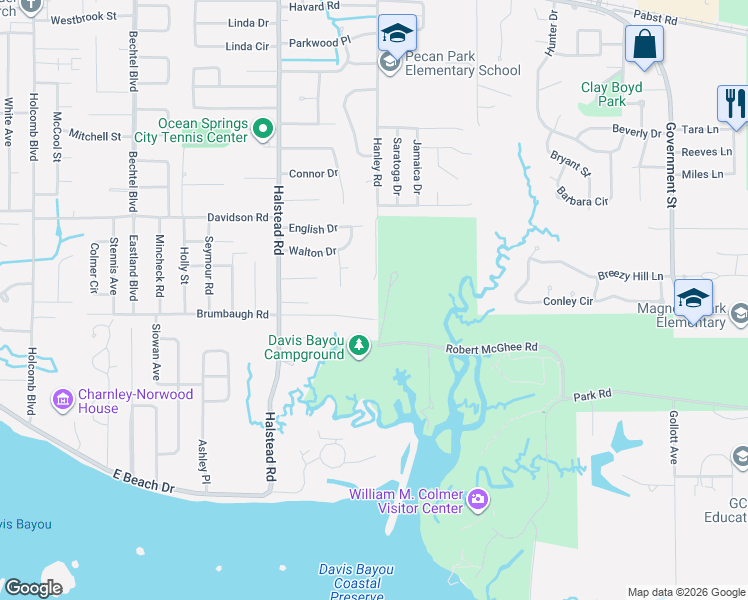 map of restaurants, bars, coffee shops, grocery stores, and more near 2723 Brumbaugh Road in Ocean Springs