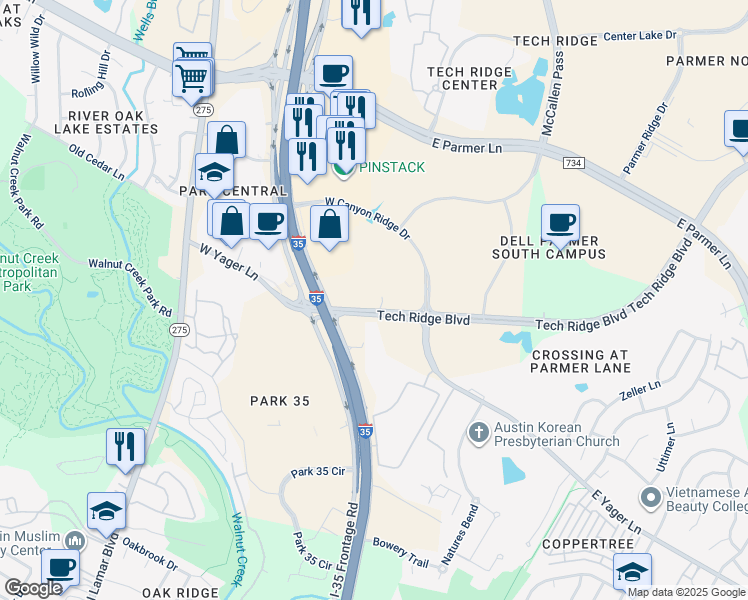 map of restaurants, bars, coffee shops, grocery stores, and more near 12210 Tech Ridge Boulevard in Austin