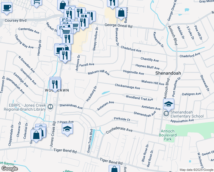 map of restaurants, bars, coffee shops, grocery stores, and more near 15801 Woodland Trail Avenue in Baton Rouge