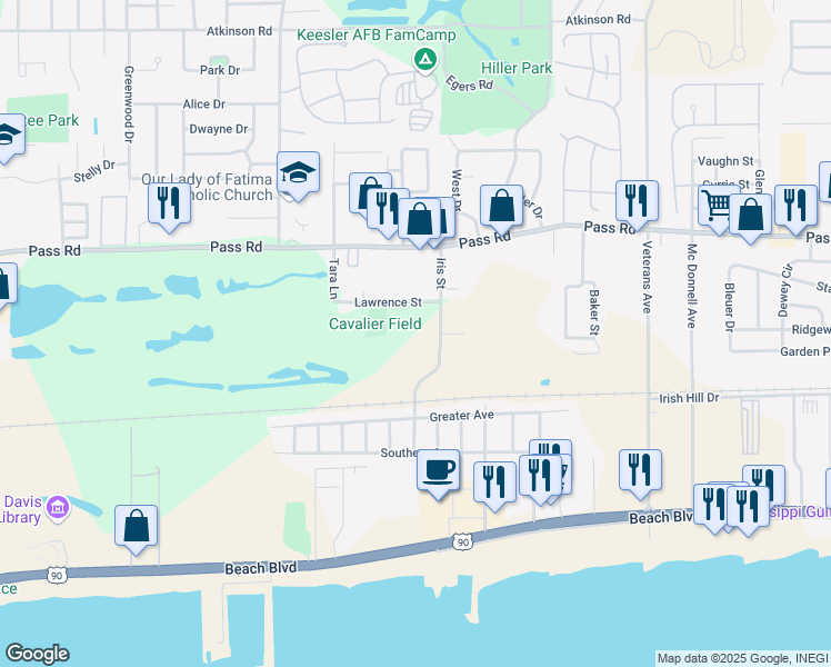 map of restaurants, bars, coffee shops, grocery stores, and more near 2003 Lawrence Street in Biloxi