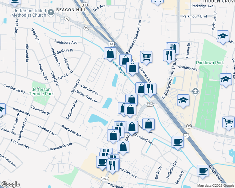 map of restaurants, bars, coffee shops, grocery stores, and more near 10500 Oakridge Park Avenue in Baton Rouge