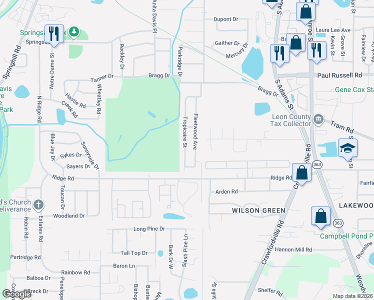 map of restaurants, bars, coffee shops, grocery stores, and more near 219 Fleetwood Avenue in Tallahassee