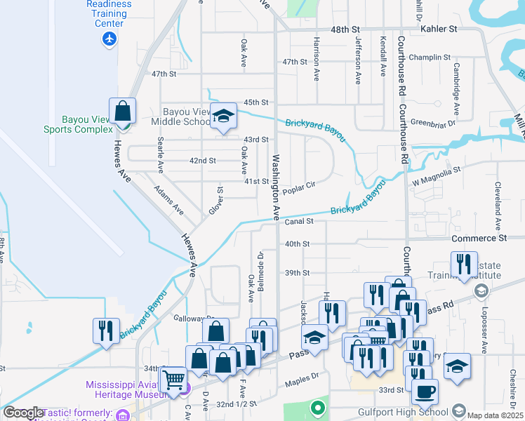 map of restaurants, bars, coffee shops, grocery stores, and more near 200-298 Mimosa Drive in Gulfport