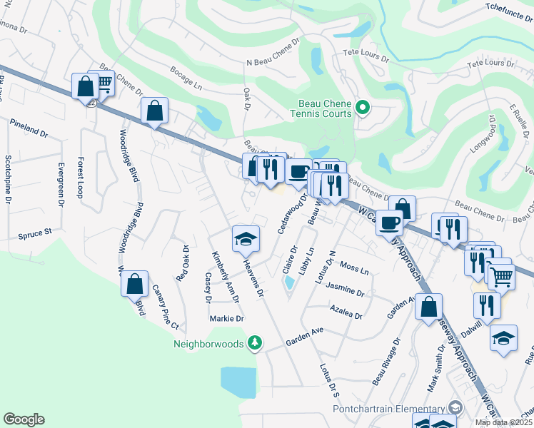 map of restaurants, bars, coffee shops, grocery stores, and more near 436 Cedarwood Drive in Mandeville