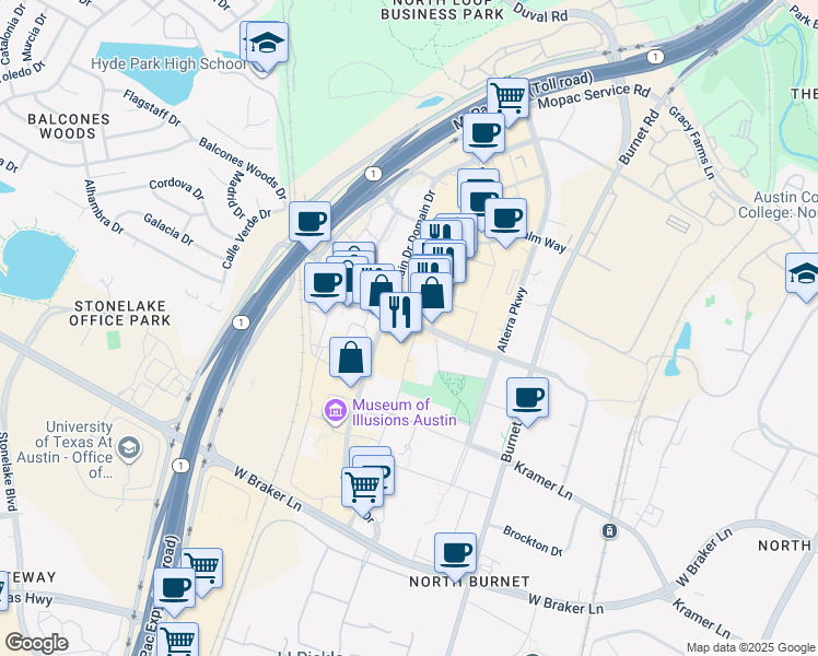 map of restaurants, bars, coffee shops, grocery stores, and more near 3100 Esperanza Crossing in Austin