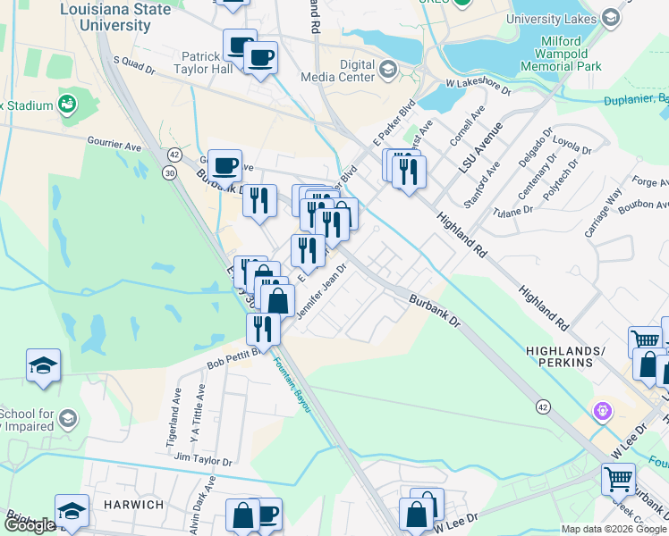 map of restaurants, bars, coffee shops, grocery stores, and more near 627 Jennifer Jean Drive in Baton Rouge