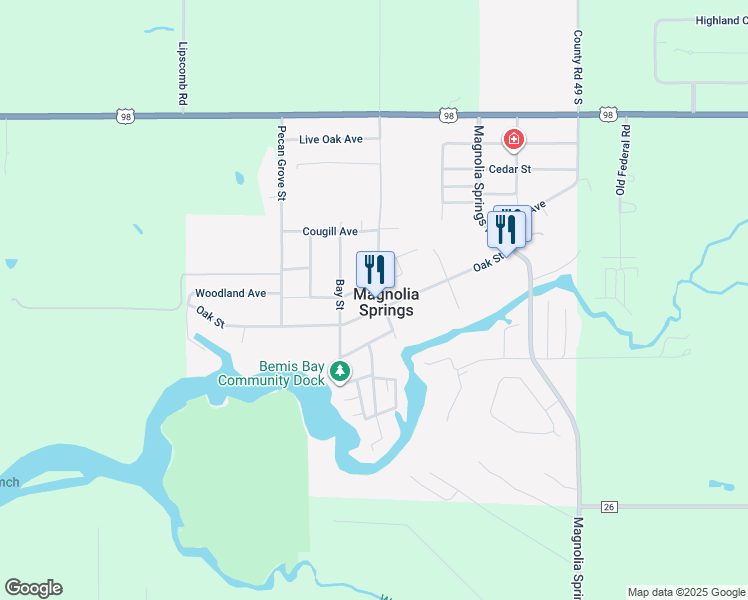map of restaurants, bars, coffee shops, grocery stores, and more near 14469 Oak Street in Magnolia Springs