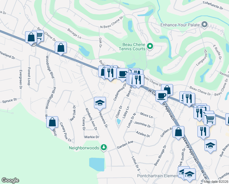 map of restaurants, bars, coffee shops, grocery stores, and more near 436 Cedarwood Drive in Mandeville