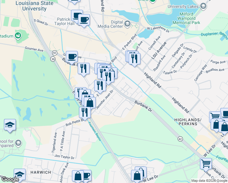 map of restaurants, bars, coffee shops, grocery stores, and more near 627 Jennifer Jean Drive in Baton Rouge